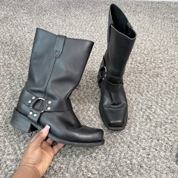 Vtg Mens Black Leather Harness Engineer Square Motorcycle Biker Boots 10 D